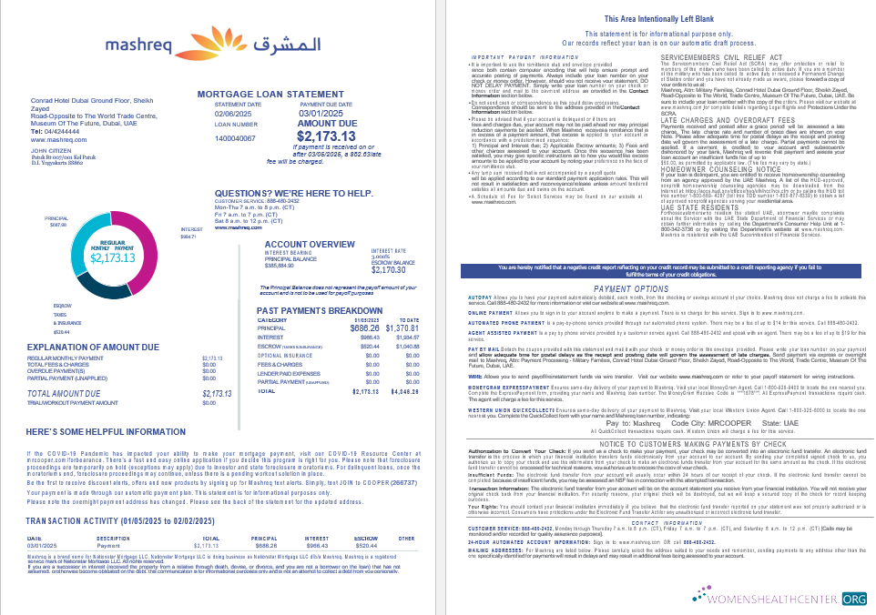 Download UAE Mashreq mortgage loan statement in Word and PDF formats , 4 pages 1 2 Photoshop template